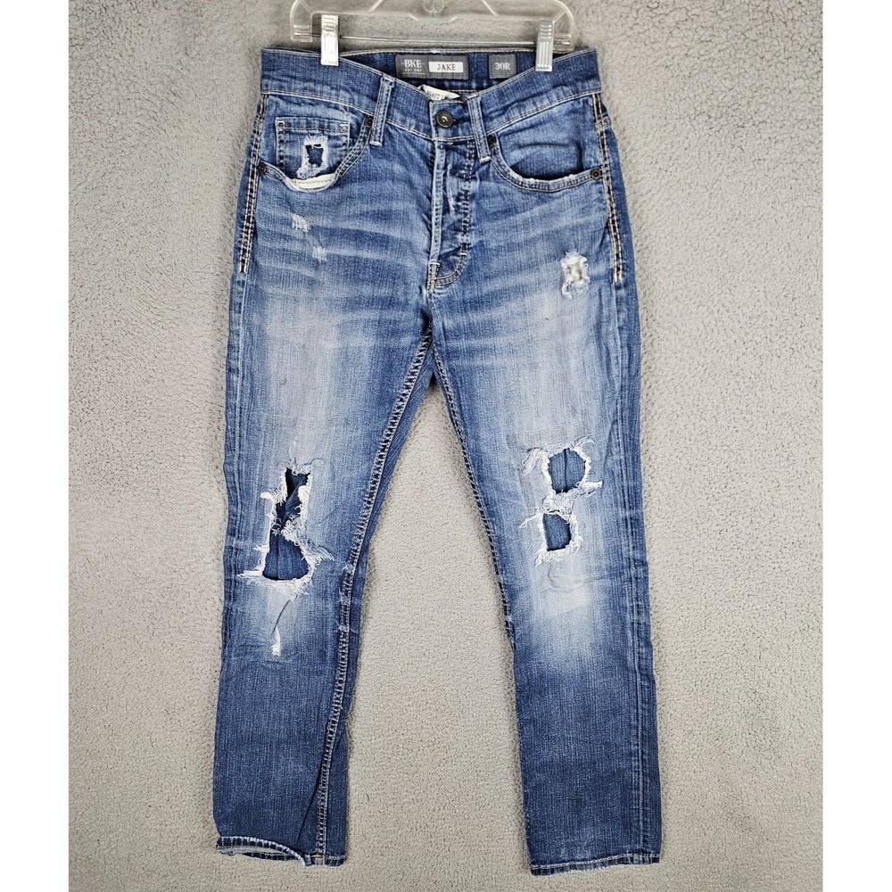 BKE Buckle Jake Jeans Men's 30R Denim Y2K‎ Distressed Thick Stitch Straight Leg
